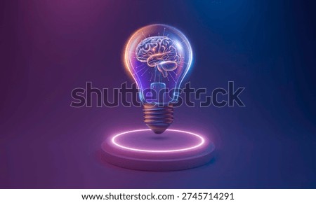 Brain and human reason, idea, light bulb, neon light.