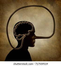 Brain Of A Liar And Academic Dishonesty Or False Perception Psychological Concept As A Person With A Long Lies Symbol Nose In A 3D Illustration Style.