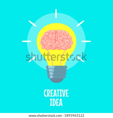 Brain in light bulb. Creative idea metaphor, conceptual strategy. Brainstorm, innovation solution icon, flat  concept. New project or start up in business, thinking about invention