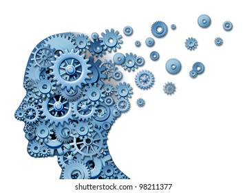 Brain loss and losing memory and intelligence due to neurological trauma and head injury or alzheimer disease caused by aging with gears and cogs in the shape of a human thinking mind.