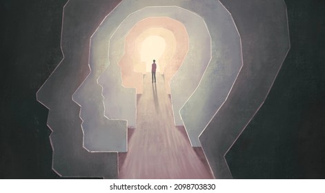 Brain mind spiritual soul freedom and hope concept art, 3d illustration, surreal mystery artwork, imagination painting, conceptual idea of success
