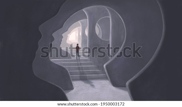 Brain mind way soul and hope concept art, 3d illustration, surreal mystery artwork, imagination painting, conceptual idea of success