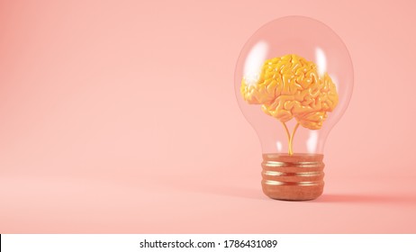 Brain On Lightbulb Concept Pink Background 3d Rendering