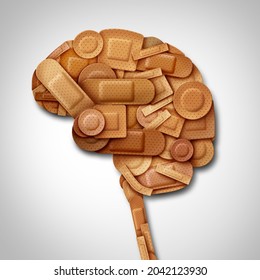 Brain Recovery Concept And Healing Of The Mind As Mental Health Therapy Symbol As Diverse Bandage And First Aid Bandages As A Neurology Or Psychology And Psychiatry Icon In A 3D Illustration Style.