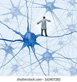 Brain Research Challenges As A Medical Concept With A Doctor Walking On A Human Neuron Connection As A High Wire Tight Rope Metaphor Through A Group Of Neurons As An Icon For Dementia.