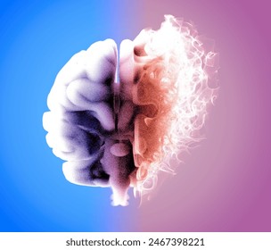 Brain seen from the front. Degenerative disease. Brain degenerative diseases, Parkinson, synapses, neurons, Alzheimer's, illness, concept. 3d rendering
