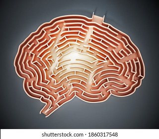 Brain Shaped Maze With A Glow At The Center. 3D Illustration.