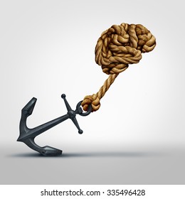 Brain Strength Concept As A Group Of Ropes Shaped As Human Thinking Organ Pulling A Heavy Anchor As A Symbol For Cognitive Function And Exercises To Strengthen A Mind Through Education And Learning.