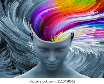 Brain Swirl. 3D illustration of human head with color motion trails for subjects on art, psychology, creativity, imagination and dreams.