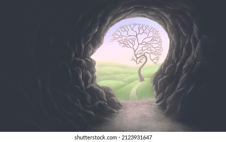 Brain tree with human head cave, idea concept of thinking  hope freedom and mind , surreal artwork, dream art , fantasy landscape, imagination spiritual of nature, conceptual