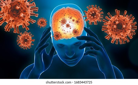 Brain viral infection 3D rendering illustration. Brain inflammation with red generic virus cells. Neurological diseases like encephalitis, meningitis, Alzheimer's, Parkinson's, narcolepsy concept.