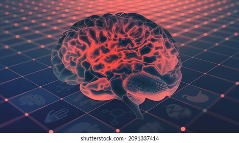 Brain. Virtual Medicine, Remote Diagnostics. Brain Research. Neurology And High Technology 3D Illustration