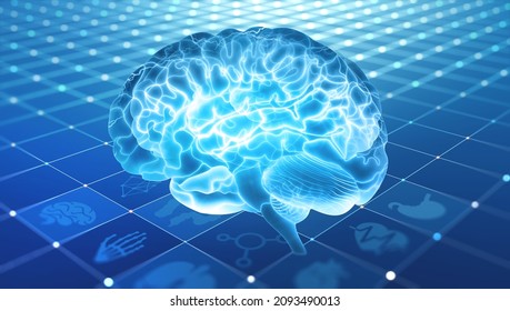 Brain. Virtual Medicine, Remote Diagnostics. Brain Research. Neurology And High Technology 3D Illustration