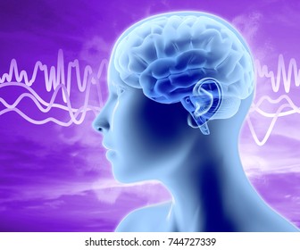 Brain Waves Illustration With Woman Head Profile, Thinking And Concentration Concept 3D Illustration.