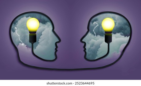 Brainstorming to find a solution to a problem is the theme of two figures wired together to come up with ideas. Electric cord and light bulbs are seen in a storm of clouds in this 3-d illustration.