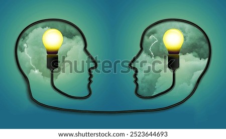 Brainstorming to find a solution to a problem is the theme of two figures wired together to come up with ideas. Electric cord and light bulbs are seen in a storm of clouds in this 3-d illustration.