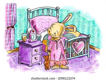 Braintree, Essex, United Kingdom - December 29, 2021. Young Girl Rabbit In Night Dress Holding A Teddy Bear And Standing In Front Of A Bed.