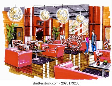 Braintree, Essex, United Kingdom - December 29, 2021. Colour Sketch Of Seating Area With A Couple Standing.