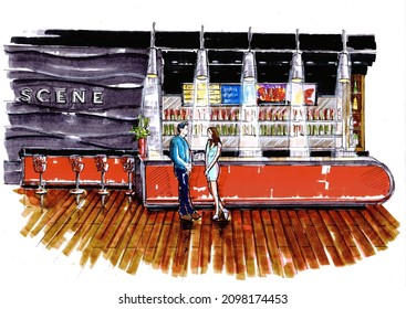 Braintree, Essex, United Kingdom - December 29, 2021. Colour Sketch Of Bar Area With Couple Enjoying A Drink.