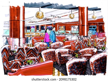 Braintree, Essex, United Kingdom - December 29, 2021. Colour Sketch Of Concourse Area With Couple Walking Through.