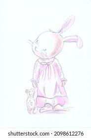 Braintree, Essex, United Kingdom - December 20, 2021. Sketch Of A Young Girl Rabbit In A Pink Night Dress Holding Her Teddy Bear.