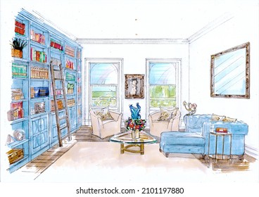 Braintree, Essex, United Kingdom -January 05, 2022. Sketch For A Family Room And Library Decorated In A Modern Style.