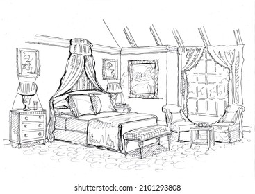 Braintree, Essex, United Kingdom -January 05, 2022. Sketch For A Master Bedroom Furnished In A Traditional Style.