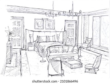 Braintree, Essex, United Kingdom -January 06, 2022. Sketch For A Traditional Style Master Bedroom.