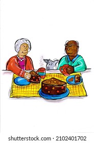 Braintree, Essex, United Kingdom -January 07, 2022. Cartoon Of Elderly Couple Having Tea And Cake With Their Dog.