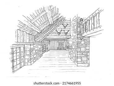 Braintree, Essex, United Kingdom -July 04, 2022. Black And White Sketch For The Interior Of A Ski Lodge. 