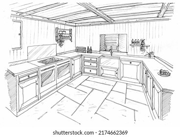 Braintree, Essex, United Kingdom -July 04, 2022. Black And White Sketch For The Kitchen Area In A Ski Lodge. 