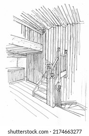 Braintree, Essex, United Kingdom -July 04, 2022. Black And White Sketch For A Staircase In A Ski Lodge. 