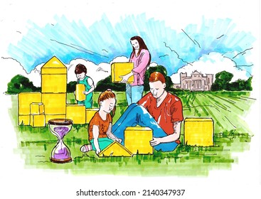 Braintree, Essex, United Kingdom -March 29, 2022. A Family Playing With Building Blocks In The Grounds Of A Castle.