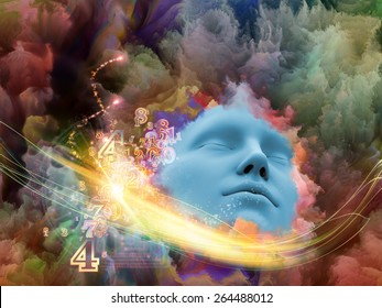 Brainwaves series. Composition of human face and colorful fractal clouds on the subject of dreams, mind, spirituality, imagination and inner world