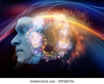 Brainwaves series. Composition of human face and colorful fractal clouds with metaphorical relationship to dreams, mind, spirituality, imagination and inner world