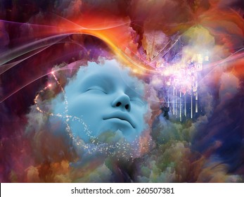 Brainwaves series. Interplay of human face and colorful fractal clouds on the subject of dreams, mind, spirituality, imagination and inner world