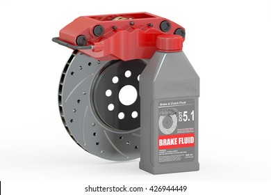 Brake Fluid With Disk Brake, 3D Rendering Isolated On White Background