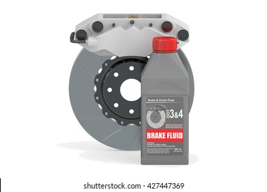 Brake Fluid With Disk Brake, 3D Rendering Isolated On White Background