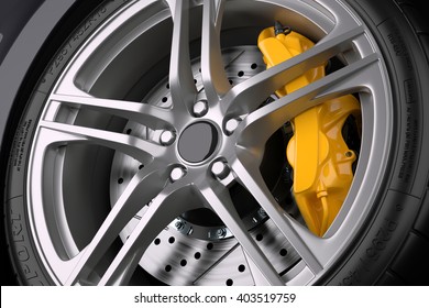 The brake system of a sport car. Closeup. 3d illustration