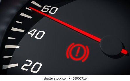 Brake system warning light in car dashboard. 3D rendered illustration. Close up view.
