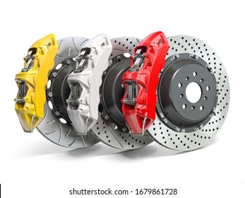 Braking system. Car brake disks with different perforations and calipers  isolated on white background. 3d illustration