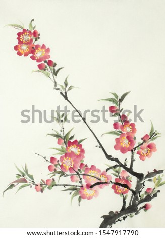 branch of a blossoming peach on a light background