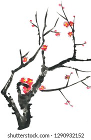 A branch of a blossoming sakura. Pink and red stylized flowers of plum mei and  wild cherry . Watercolor and ink illustration of tree in style sumi-e, go-hua,  u-sin. Oriental traditional painting.  - Shutterstock ID 1290932152