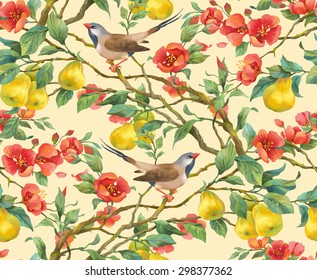 Branch with flowers , fruits and birds. Japanese quince and Long-tailed Grass Finch. Seamless background pattern version 5