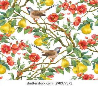 Branch with flowers , fruits and birds. Japanese quince and Long-tailed Grass Finch. Seamless background pattern version 5