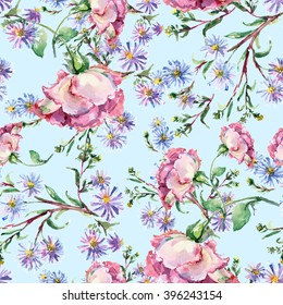 Branch pink roses, blue flower, watercolor, pattern seamless