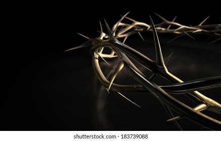 Branches of thorns made of gold woven into a crown depicting the crucifixion on an isolated  dark background