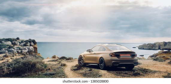 Brand Less Gold Luxury Car, Rear Panoramic View (with Grunge Overlay), Tail Lights Detail - Outdoor Studio - 3d Illustration