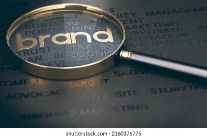 Brand Marketing And Management, Branding Or Rebranding Concept. 3d Illustration Of A Magnifying Glass Over Golden And Black Words.