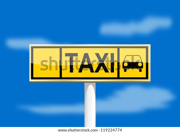 Brand taxi on
the column on the blue
background